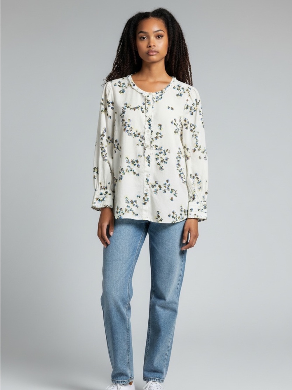 Talbots Cream Blouse with Blue-Green Floral Print